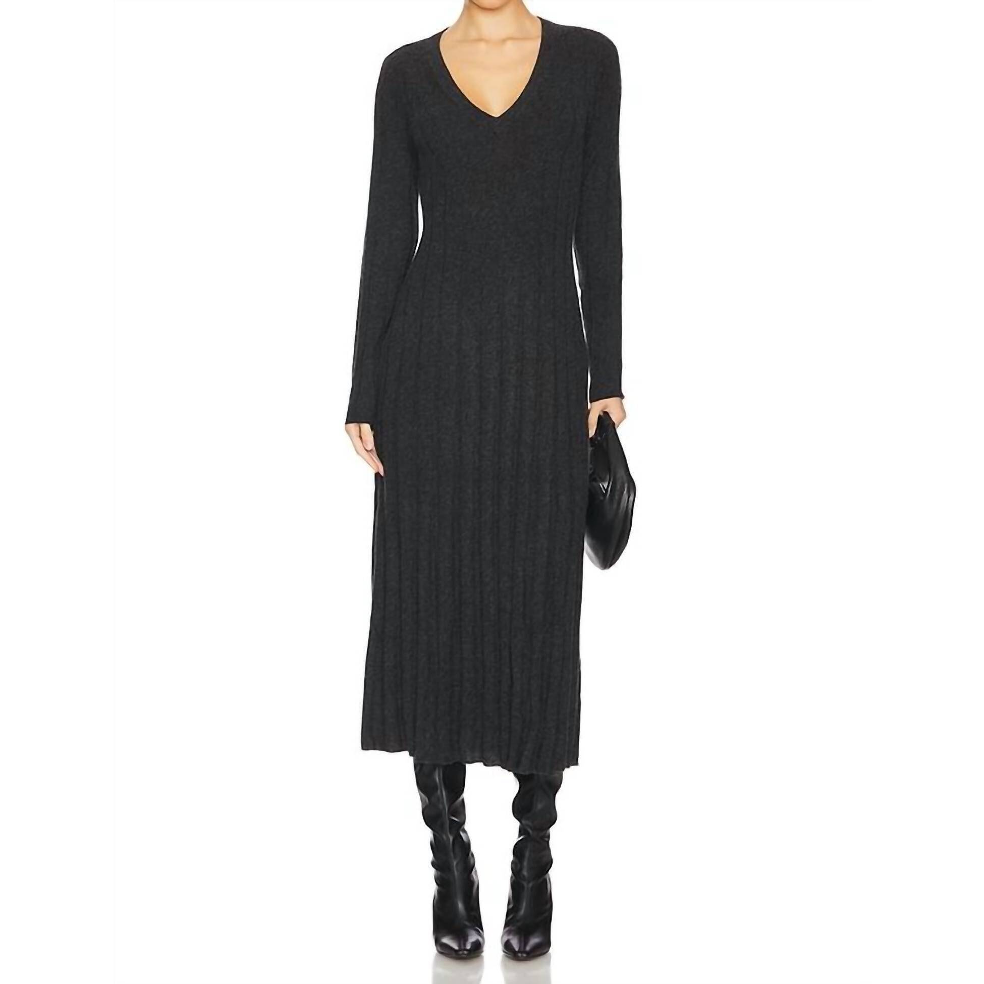 New Autumn Cashmere Long Sleeved Mixed Rib Dress In Black Rose